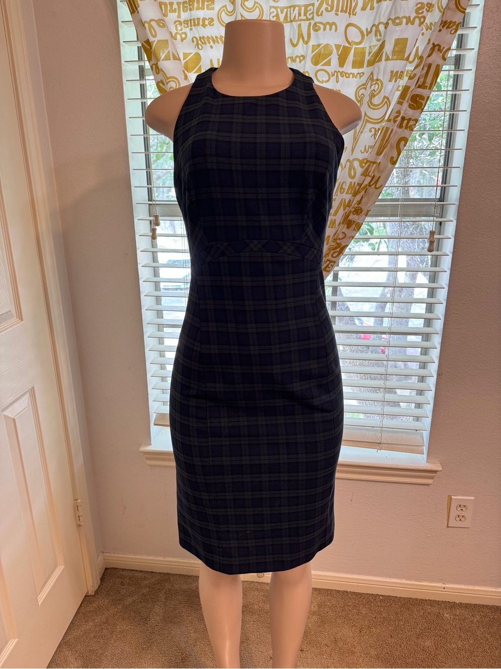 Banana Republic Navy and Black Plaid Sleeveless Sheath Dress